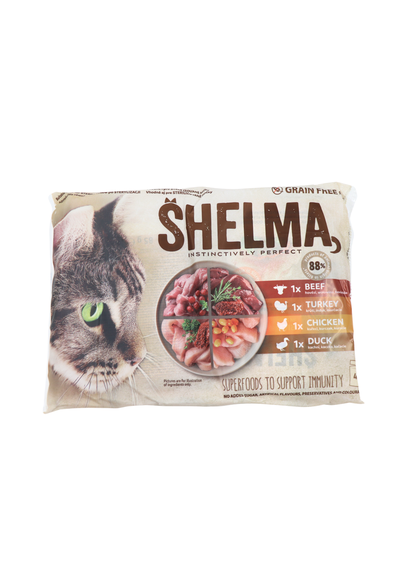 Shelma kapsičky pre mačky – Kuracie, Hovädzie, Kačacie a Morčacie 4×85 g