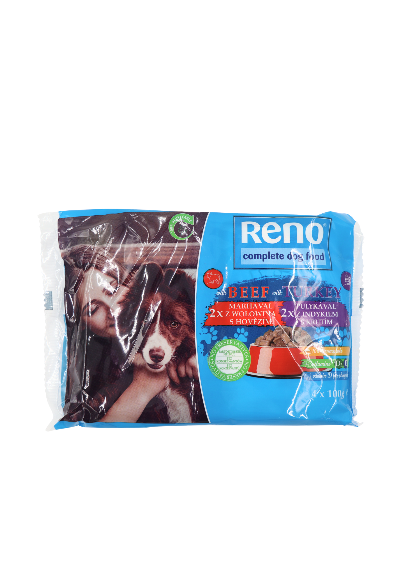 Reno kapsička pre psov – Hovädzie, Morčacie a Ryby 4×100 g