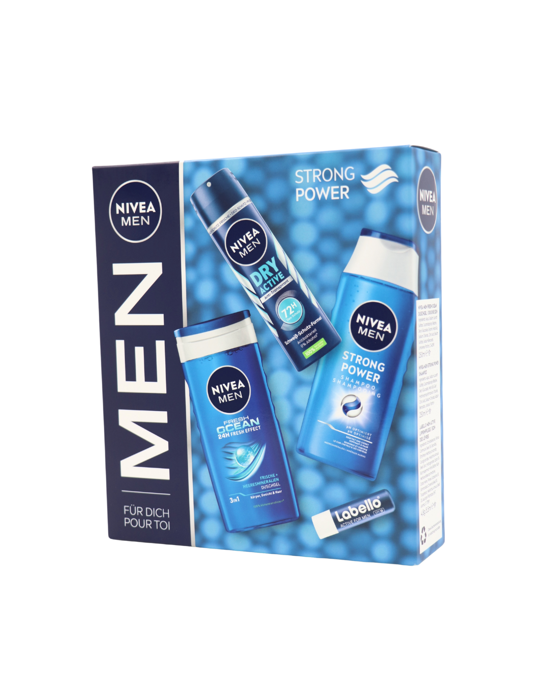 Nivea darčekový balíček pánsky Strong Power sprchový gél 250ml+ šampón 250ml + deo 150ml + labello 5,5ml
